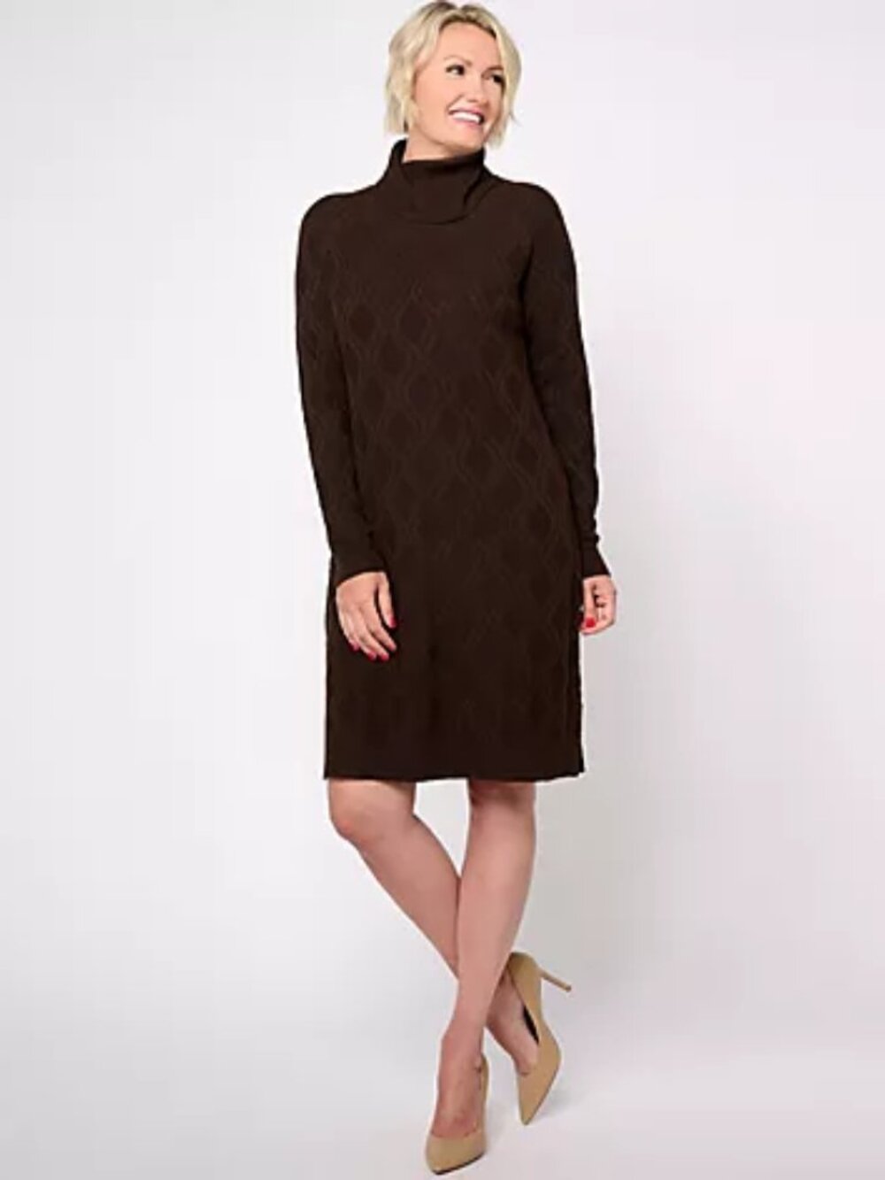 Denim & Co. Heritage Regular Cable Knit Sweater Dress Chocolate Size Petite 2X